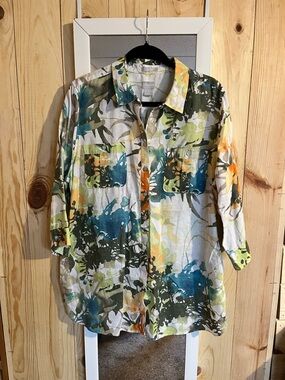 Chicos No Iron 100% Linen 1/2 Sleeve Button Down Blouse